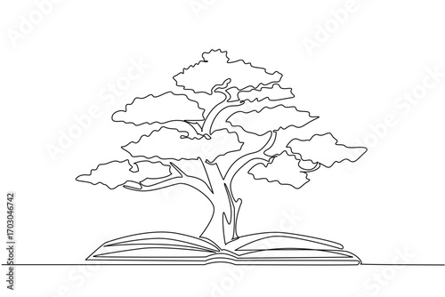 Single continuous line drawing an open book with a large tree in the middle. Caring for plants requires knowledge. Reading makes the calm. The science. Book Tree. One line design vector illustration