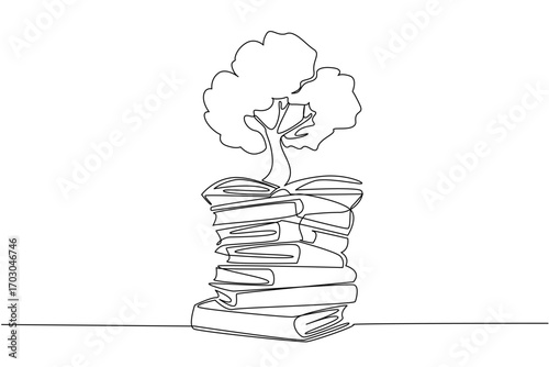 Single one line drawing a pile of books and on top of it there is a big tree. Reading the good plant care module. Greening for the earth. Shady. Book Tree. Continuous line design graphic illustration
