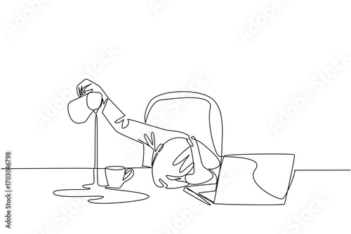 Single continuous line drawing businesswoman holding a pitcher of coffee and pouring its contents into the side of the glass. Overtime until late. Exhausted. Tired. One line design vector illustration