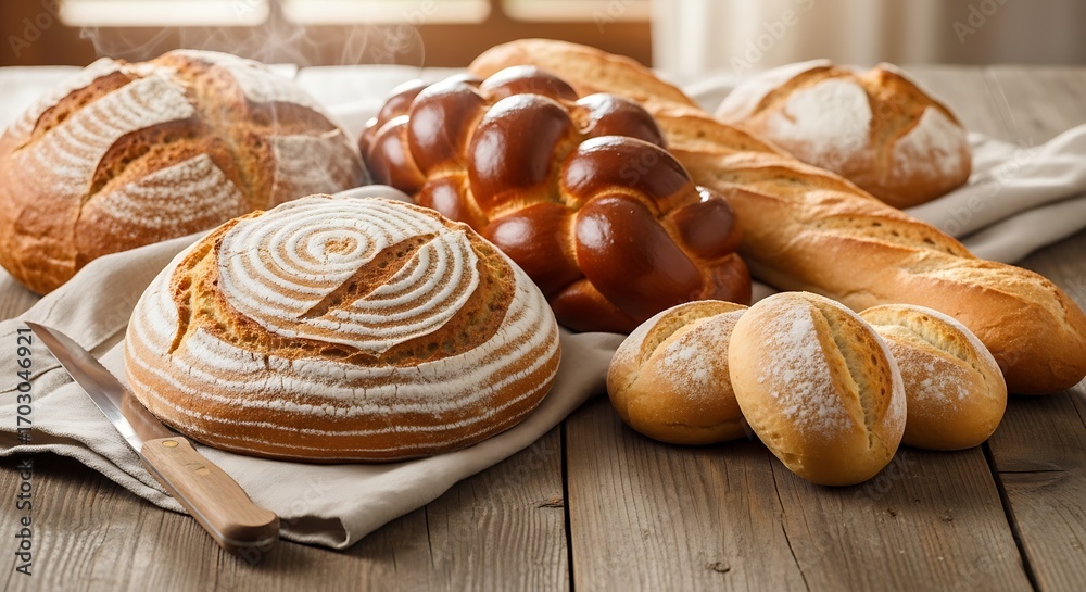 Fototapeta premium Artisan Breads and Rolls on Wooden Table.