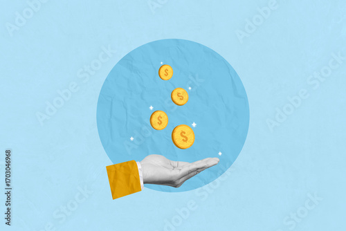 Creative art collage of invest, interest rates,dividends and saving in the future goal. Hand with coin are dropping from above