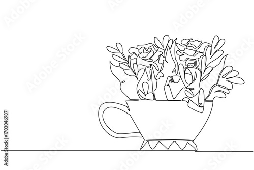 Continuous one line drawing woman wearing hijab holding a cup while soaking and leaning on the cup. Drinking warm tea to relax. Enjoy. Soaking Inside Cup. Single line draw design vector illustration