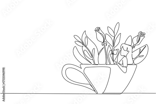 Single continuous line drawing woman wearing casual clothes holding a cup while soaking and leaning on the cup. Relaxation. Calming down. Enjoy. Soaking Inside Cup. One line design vector illustration