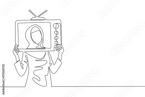 Continuous one line drawing a young beautiful woman wearing a hijab holds an old television made of cardboard. Role play as a presenter. Inside Television. Single line draw design vector illustration