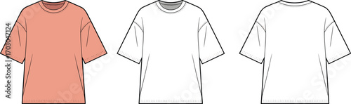 T shirt cad drawing, fashion flat sketch, vector clothing illustration, unisex apparel template, casual wear design, oversized t shirt style