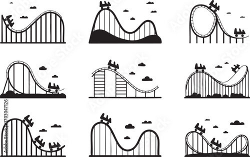 Set Of Roller Coaster Icons With Carts And Clouds In Various Designs Keywords: roller coaster, amusement park, ride, attraction, theme park, thrill