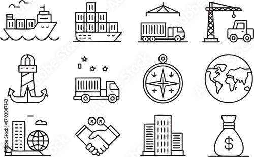 Set of outline icons for logistics and business with ships trucks and buildings Keywords: cargo ship container ship shipping truck delivery truck crane
