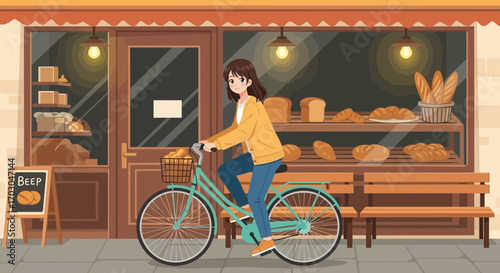 A charming anime style illustration of a woman on a bicycle outside a bakery shop
