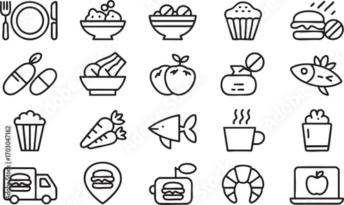 Set of simple line art icons representing food and drink items and related concepts Keywords: food, drink, icons, line art, set, meal, breakfast