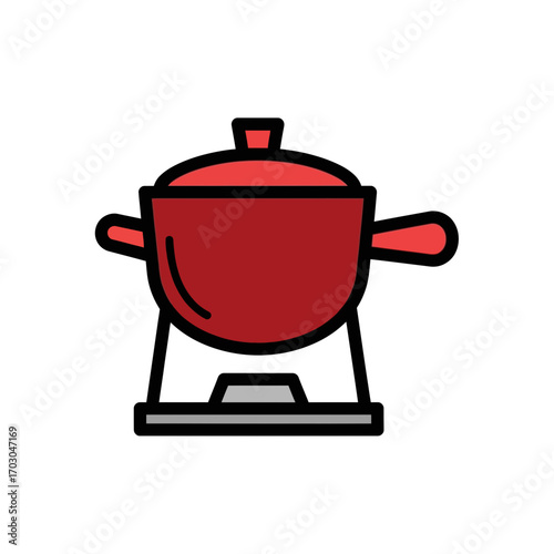 Red pot cooks fondue small burner indoors