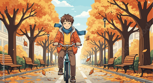 A cheerful animated boy rides his bicycle through a picturesque autumn park landscape cartoon style