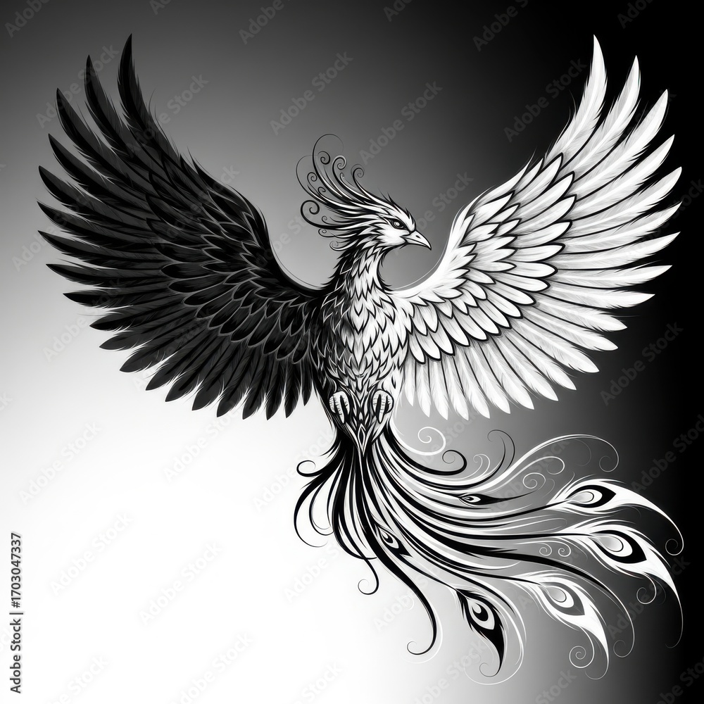 Obraz premium Stylized monochrome depiction of a phoenix with outstretched wings