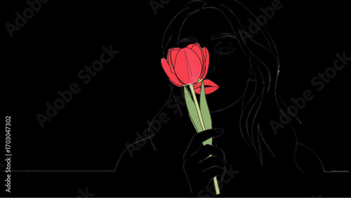 Minimalist Black Line Art Illustration of a Woman with Red Lips Holding and Smelling a Flower, Elegant and Feminine Design on White Background