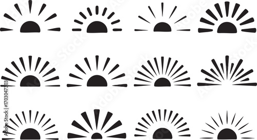 Set of Stylized Black Sunrise and Sunset Icons with Sun Rays Keywords: sunrise, sunset, sun, rays, icon, silhouette, black, white background, simple
