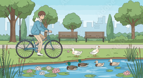 A serene illustration featuring a young man cycling through a peaceful park filled with ducks and