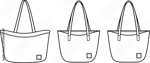 Tote bag cad drawing, reusable eco bag flat sketch, fashion handbag vector design, fabric shopping accessory template, modern stylish illustration