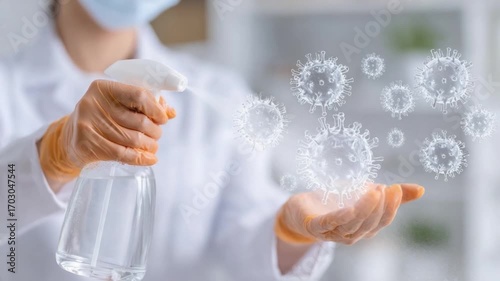 Hands Holding Sanitizer and Virus: A person in protective gear sprays sanitizer towards an array of virus particles, symbolizing disinfection and hygiene in a clinical setting.