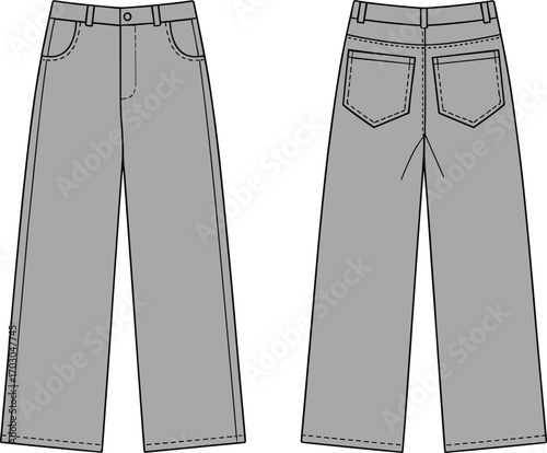 Trousers template, front and back view, CAD fashion drawing, flat vector illustration, clothing mockup, garment design, technical sketch, blank pants