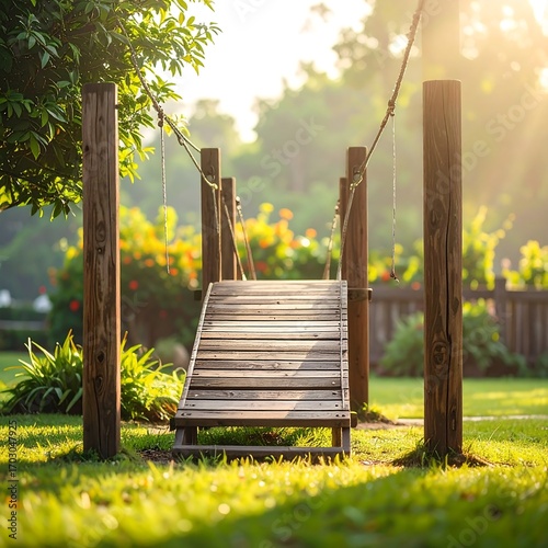Wooden play structure in a sunny garden