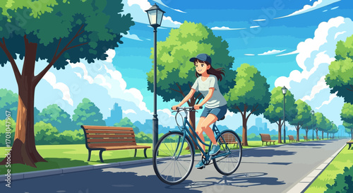 Anime styled illustration of a young woman riding a bicycle in a beautiful park with lush green