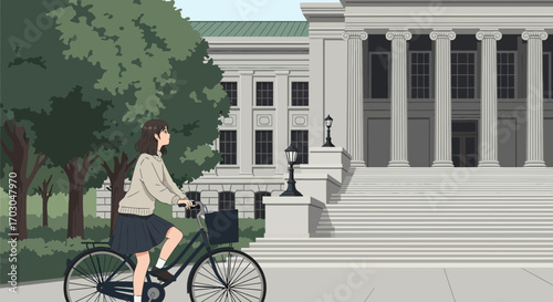 Anime styled illustration of a young woman riding a bicycle near a classic building in calm weather