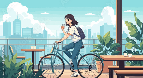 Anime-style illustration of a young woman cycling on a rooftop cafe with city views and drinking