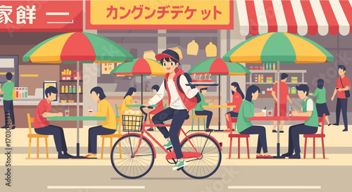 Asian street food scene featuring a food delivery person on a bicycle bustling atmosphere