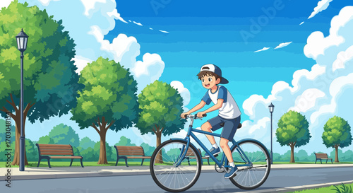 Cartoon boy enjoys cycling through a vibrant park under a sunny sky illustration