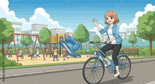 Cartoon Illustration of Woman Cycling Past Playground with Children Playing joyfully