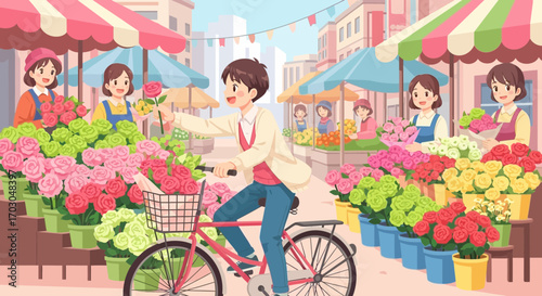 Charming cartoon illustration of a man buying roses at a bustling flower market on bicycle