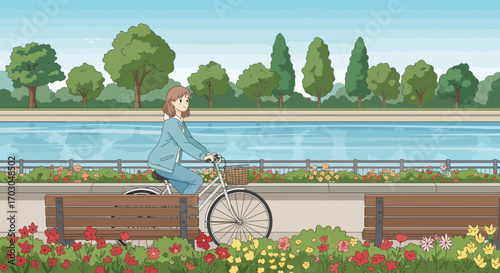 Charming illustration of a young woman leisurely cycling along a scenic riverside path