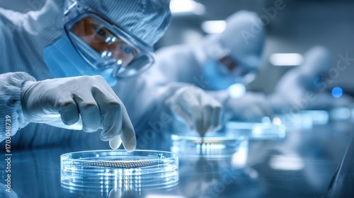 Scientists in protective gear precisely handle petri dishes in a sterile lab environment, focusing on microbiological research.