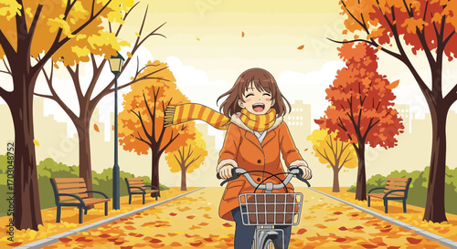 Happy anime girl riding bicycle in park during autumn with falling leaves scenery
