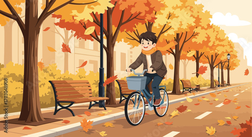 Illustration of a Smiling Boy Cycling Through a Beautiful Autumn Park with Colorful Leaves
