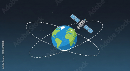 Satellite orbiting earth, a symbol of global communication, technology, and space exploration, perfect for illustrating connectivity and innovation