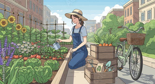 Illustration of a woman gardening in a community garden surrounded by city buildings
