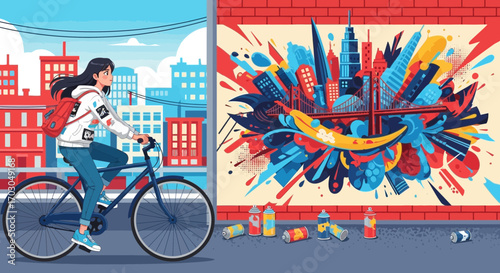 Stylish female cyclist passing vibrant city mural showcasing urban art scene delight