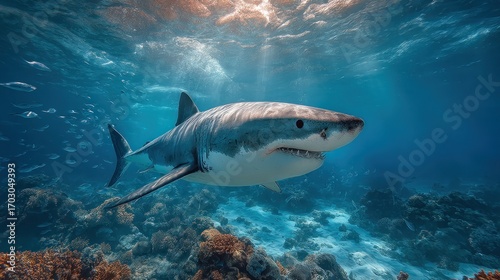 Great White Shark Swimming Underwater in the Ocean with Sunlight Rays