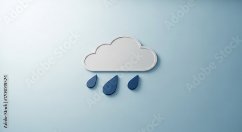 A minimalist 3d rendering of a white cloud with blue raindrops on a light blue background, symbolizing weather, rain, and climate change