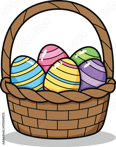 Colorful Easter Basket Filled with Patterned Eggs Cartoon Vector