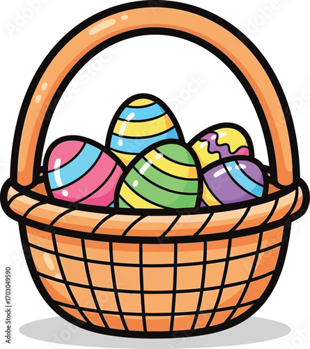 Colorful Easter Basket Filled with Patterned Eggs Cartoon Vector
