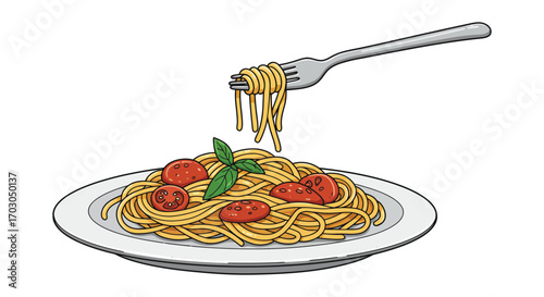 a plate of spaghetti with tomatoes basil and a fork twirling noodles