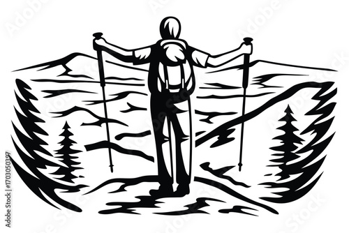 Backpacker with Hiking Poles Amidst Mountain Forest Scene, on White
