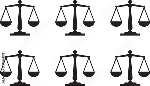 Six Black Silhouettes of Scales of Justice Symbol on White Background Keywords: scales of justice, law, legal, court, balance, weighing, judgment