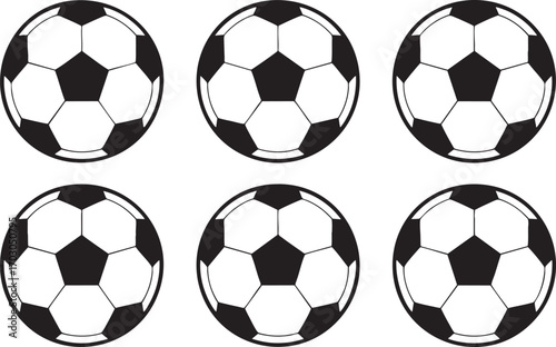 Six identical black and white soccer balls arranged in two rows of three football sport