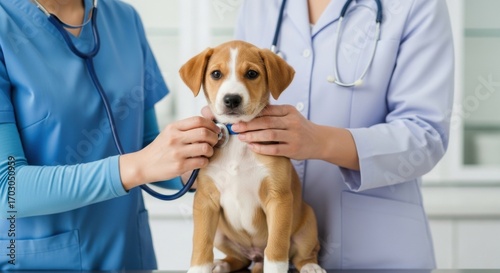 Veterinarians caring for a beautiful dog in a hospital wellness check up