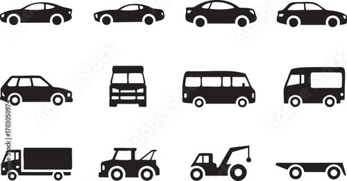 Vehicle Icons Set Car Sedan SUV Van Truck Tow Truck Trailer Silhouette Transportation coupe