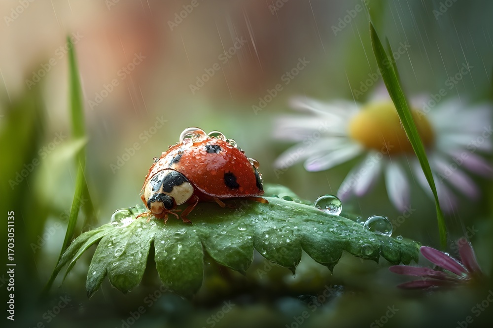 Obraz premium Realistic view of a baby beetle sheltering from the rain under a large green leaf of a daisy tree, raindrops falling on the edge of the leaf, the beetle's small red shell glistening with water droplet