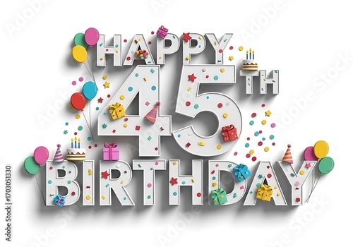 Silver metallic Happy 45th birthday with confetti