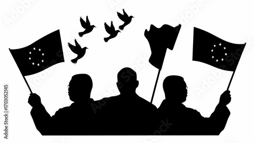 Silhouette of people holding flags with stars and releasing doves in a peaceful demonstration scene